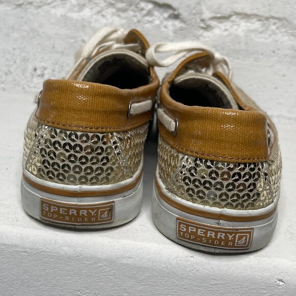 SPERRY TOP SIDER Fisherman 7.5 Round Toe Lace-up Sparkle Gold Sequin Boat Shoes - Picture 4 of 7